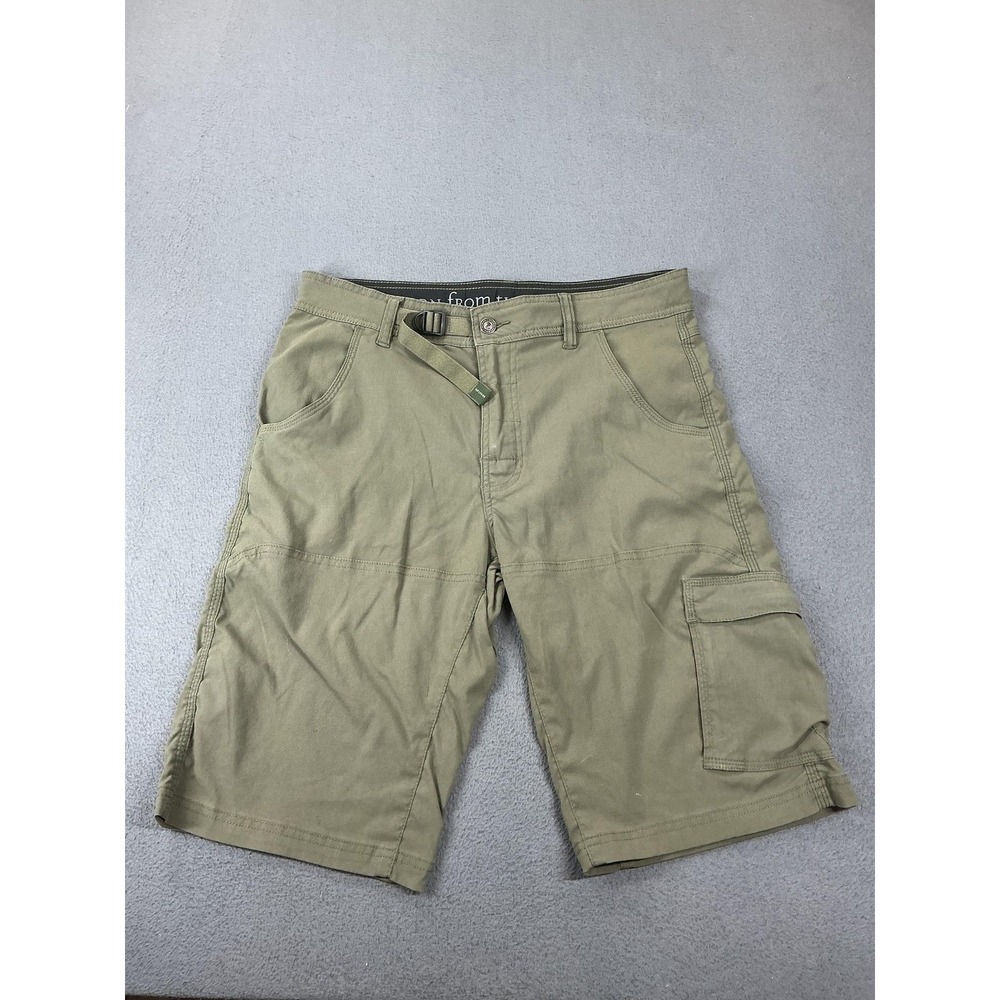 PrAna Shorts Mens 32 Green Cargo Canvas Adjustable Waist Belted 11 Inseam